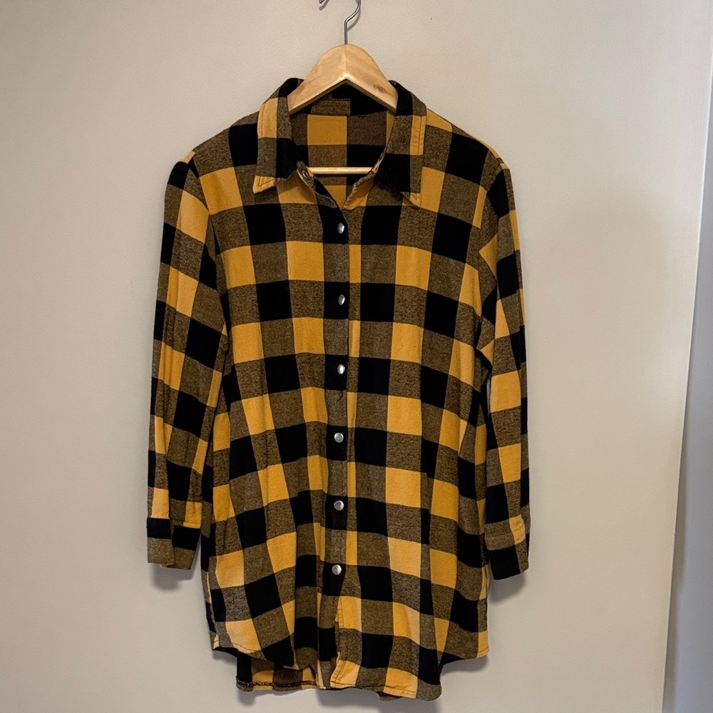 Yellow and Black Plaid Button-Up Jacket Shirt